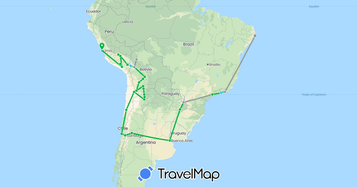 TravelMap itinerary: bus, plane, boat in Argentina, Bolivia, Brazil, Chile, Peru (South America)